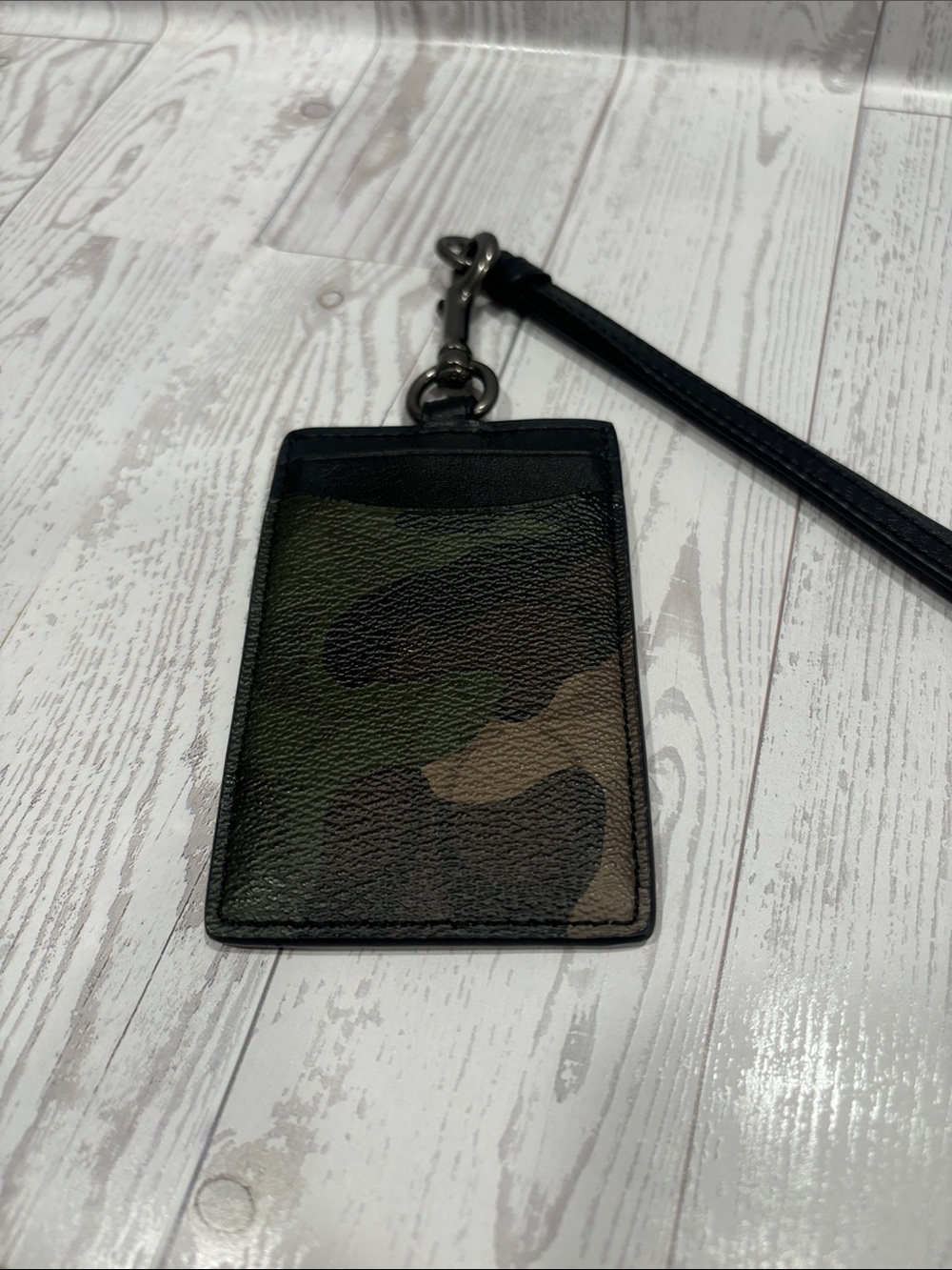 Coach Camouflage Leather Card Holder Lanyard in Green & Brown